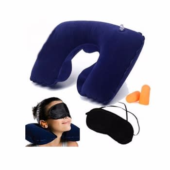 3-In 1 Travel Selection EAR Piece, Eye Cover And Blow Up Neck Support Pillow - Navy_0